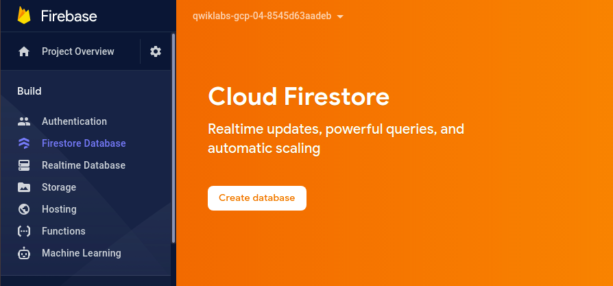 Firestore database displaying Create database button
