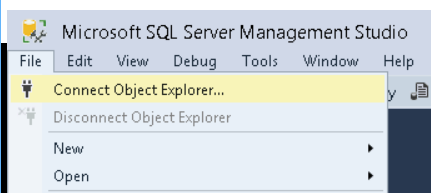 Connect Object Explorer option highlighted in the FIle dropdown menu