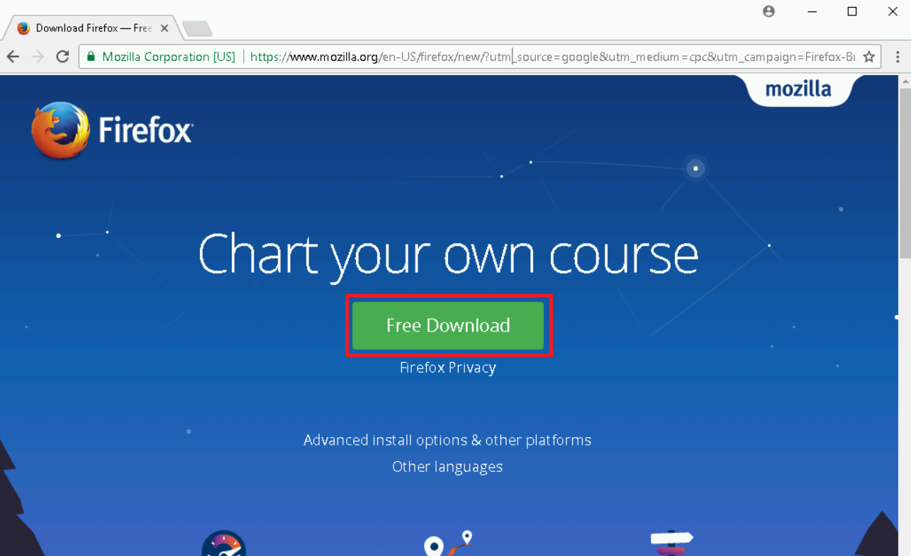 Screenshot of Mozilla Firefox download page on Google Chrome browser. The "Free Download" button on the page is highlighted.