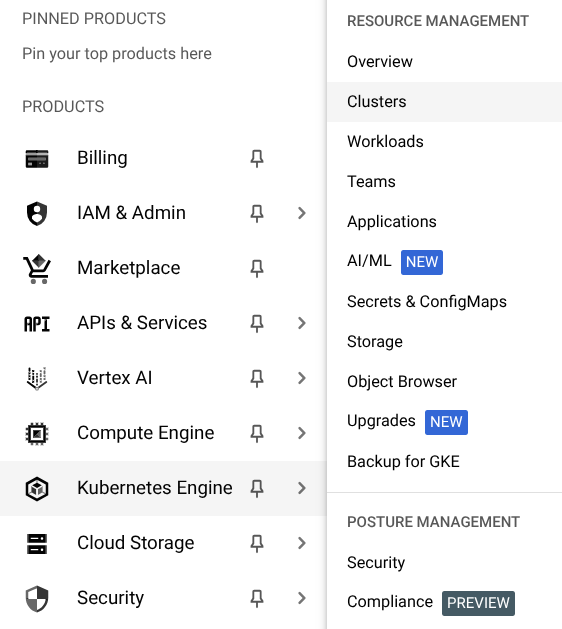 The navigation path to the Clusters option is displayed