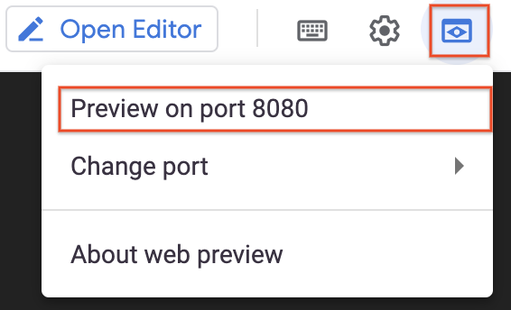 Expanded Web preview menu with Preview on port 8080 option highlighted