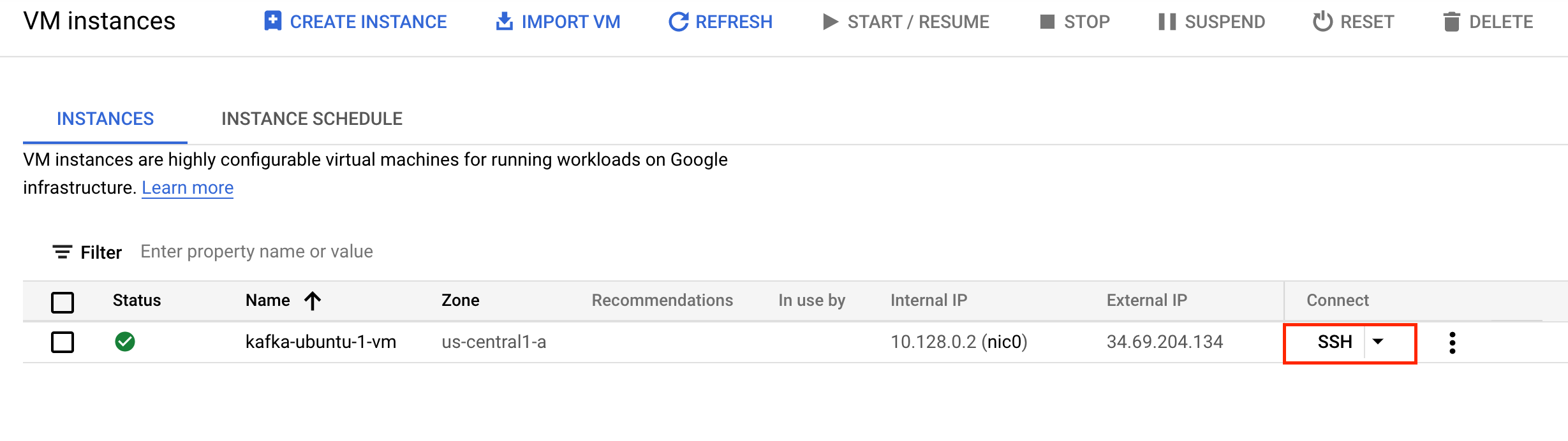 The Instances tabbed page, which lists the kafka-ubuntu-1-vm instance and its highlighted SSH dropdown menu in the Connect category.