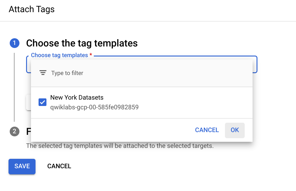 Attach Tags dialog displying the expanded Choose tag templates menu