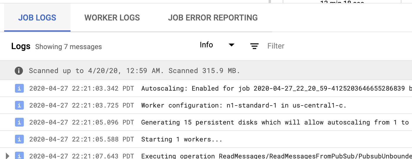 Job Logs tabbed page displaying several log messages