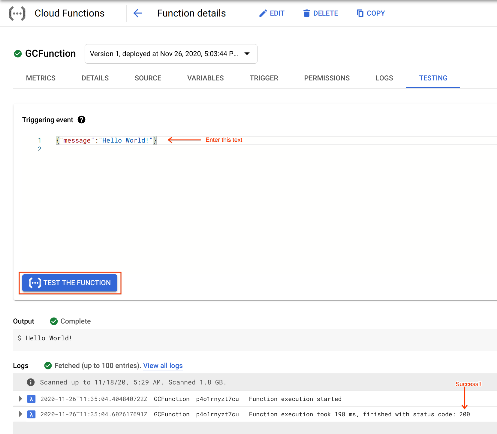 [ログ] フィールドに表示されたステータス コード 200