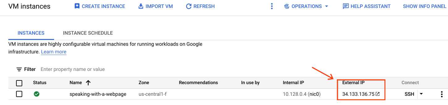 External IP field highlighted on the Cloud Console VM Instances page.