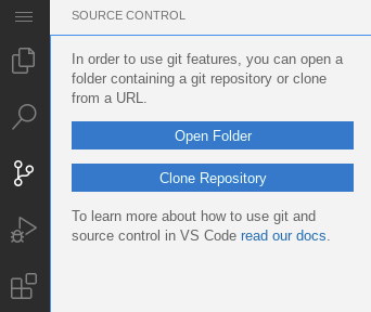 The Source Control menu, which includes the Open Folder and Clone Repository buttons.