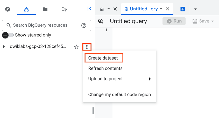 The Create dataset option highlighted on the UI
