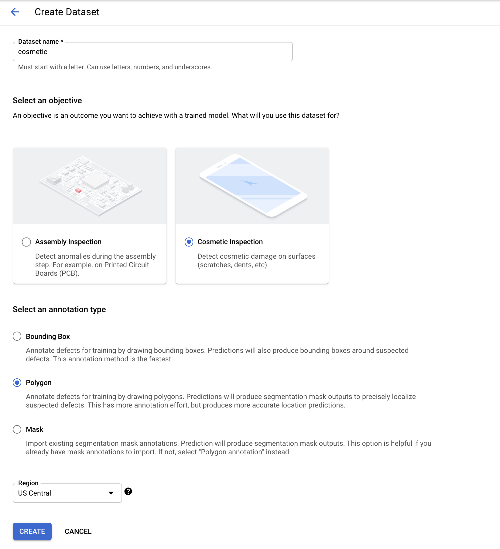 The Create Dataset page displaying the aforementioned populated fields