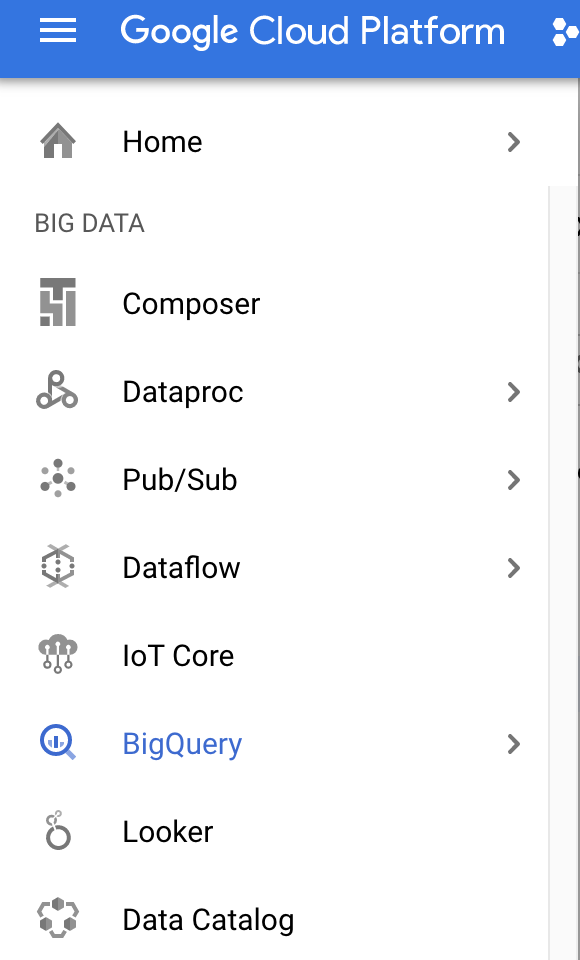 The Cloud Console navigation menu, wherein the option BigQuery is selected.
