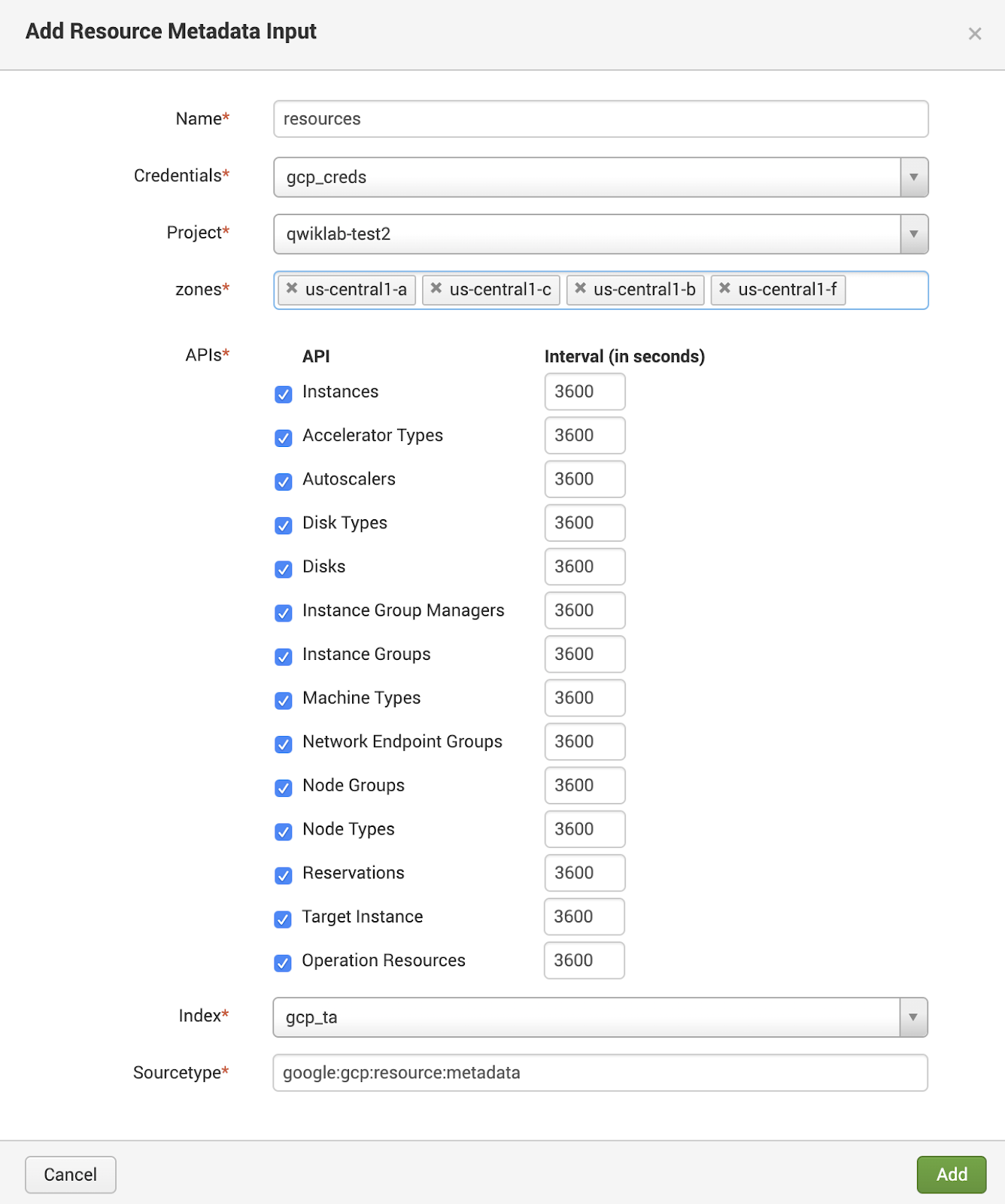 Add Resource Metadata Input page displaying the input taken from the table