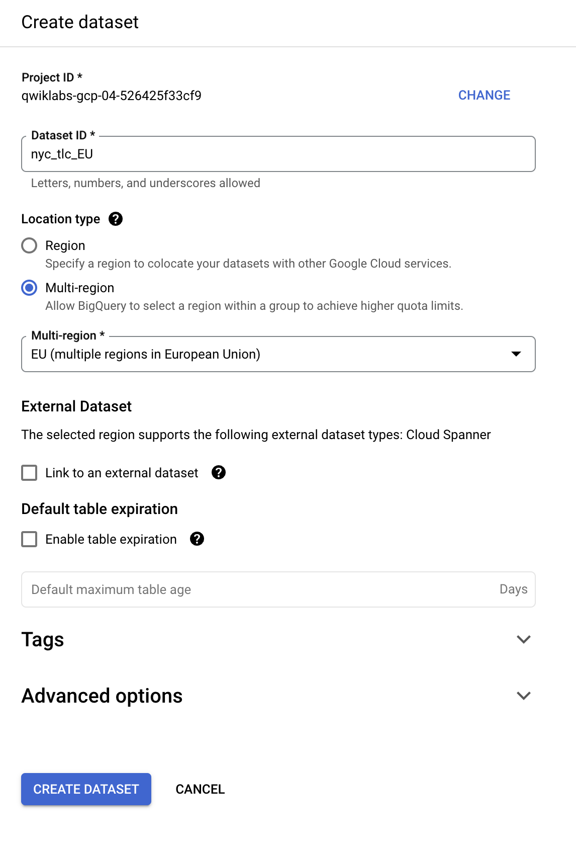 Textfeld „Dataset-ID“ und Drop-down-Menü „Datenstandort“