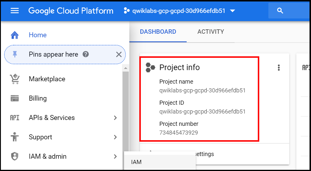 Dashboard displaying the project name, project ID and project number.