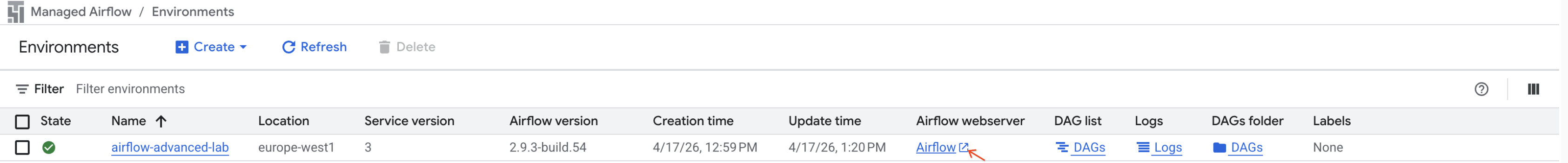 Airflow link highlighted in the Airflow webserver column