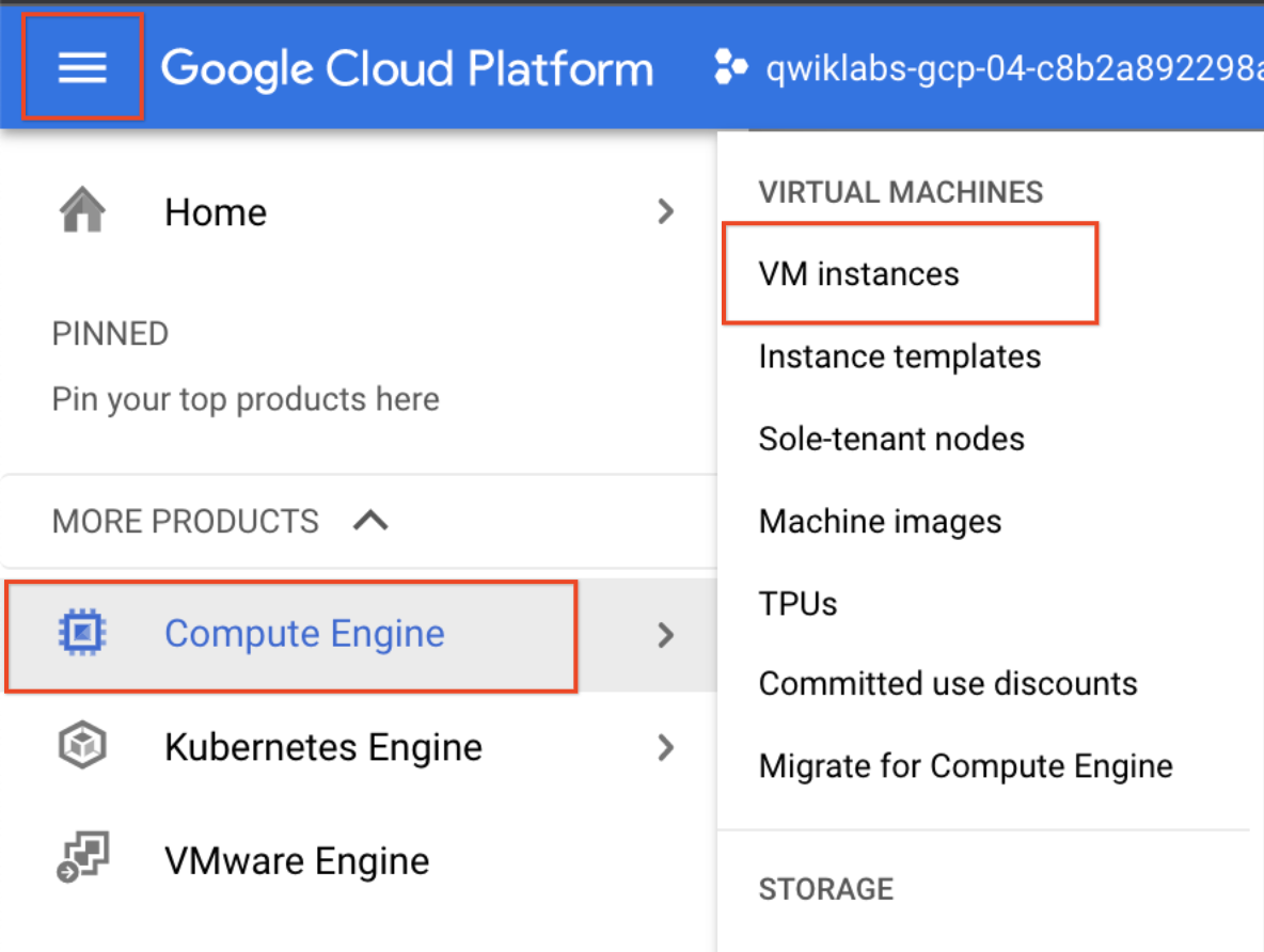 Expanded Navigation menu with Compute Engine menu option and VM instances sub-menu option highlighted