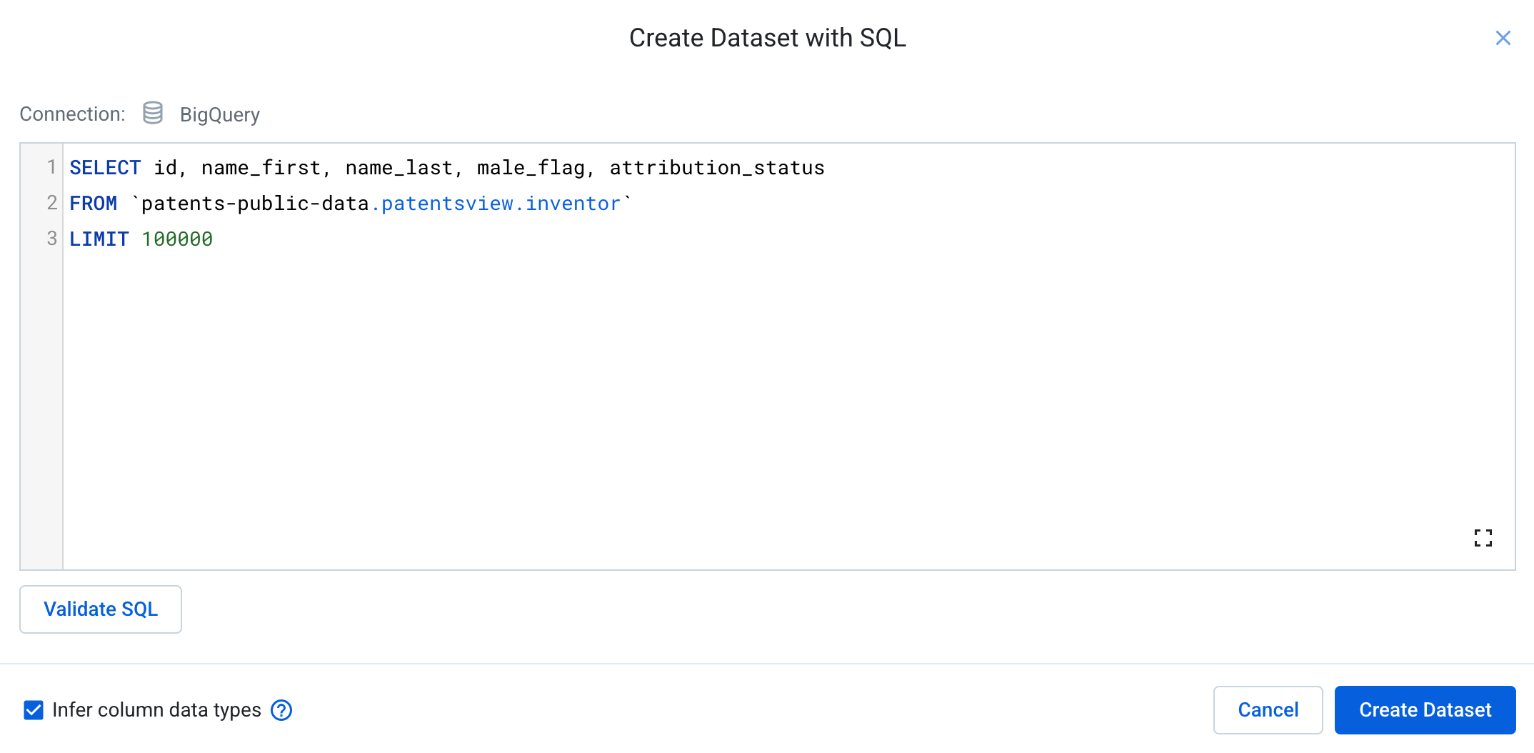 Create Dataset with SQL query dialog box displaying validated SQL statement