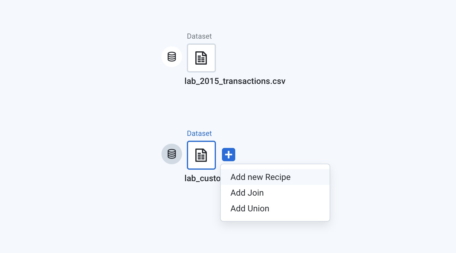 2 datasets, lab_2015_transactions.csv and lab_customers.csv, with the expanded menu displayed for lab_customers.csv