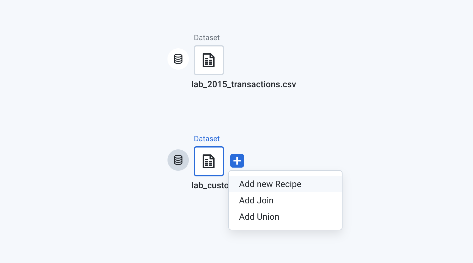 2 conjuntos de datos, lab_2015_transactions.csv y lab_customers.csv, con el menú expandido exhibido para lab_customers.csv