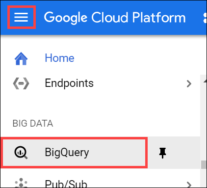 Navigation menu icon and the BigQuery option highlighted on the UI