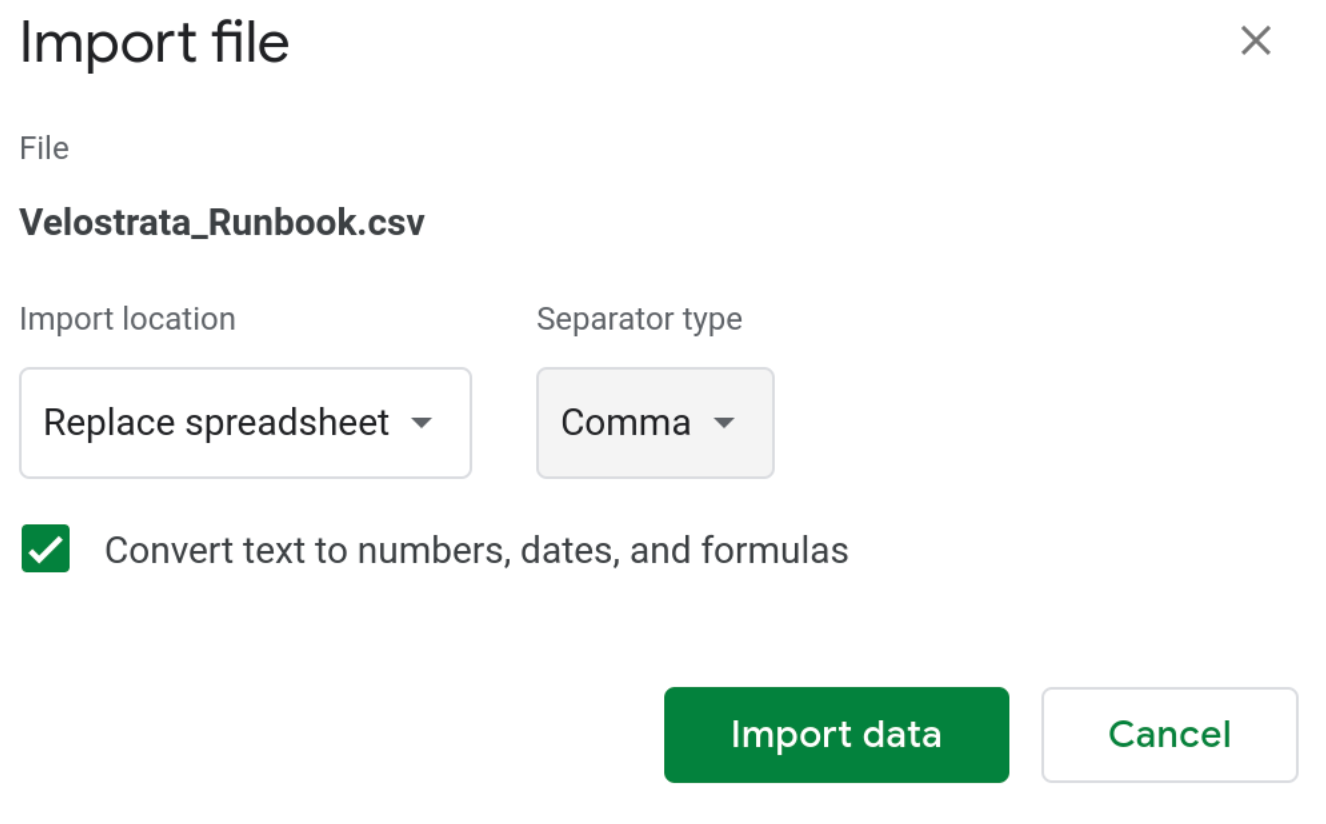 The Import file window displaying the populated Import location and Separator type dropdown menu fields, and Import data button