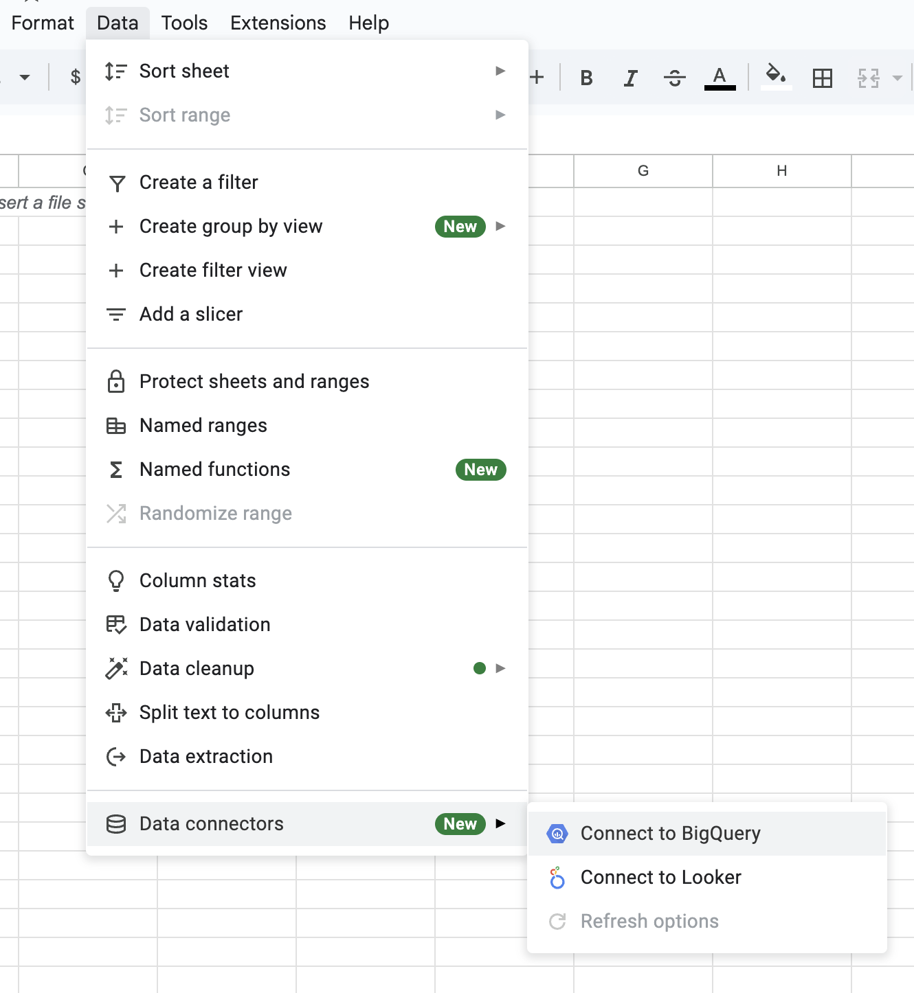 The navigation path to the Connect to BigQuery option