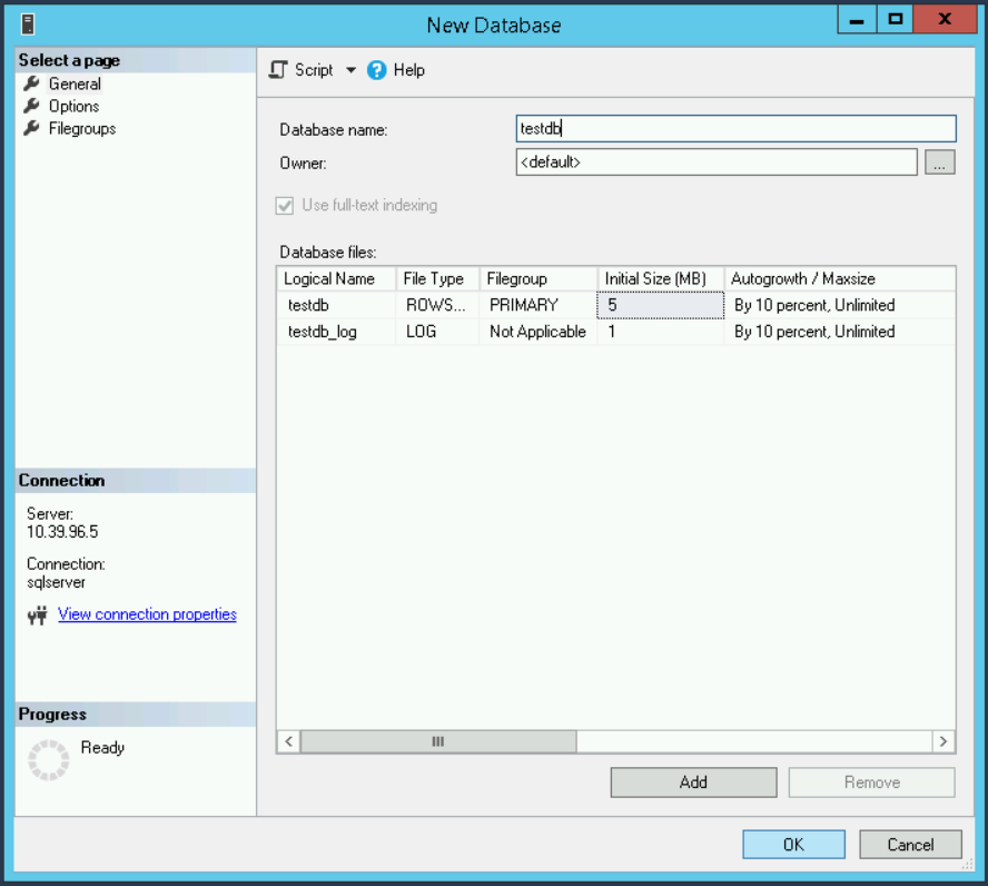 New database configuration dialog