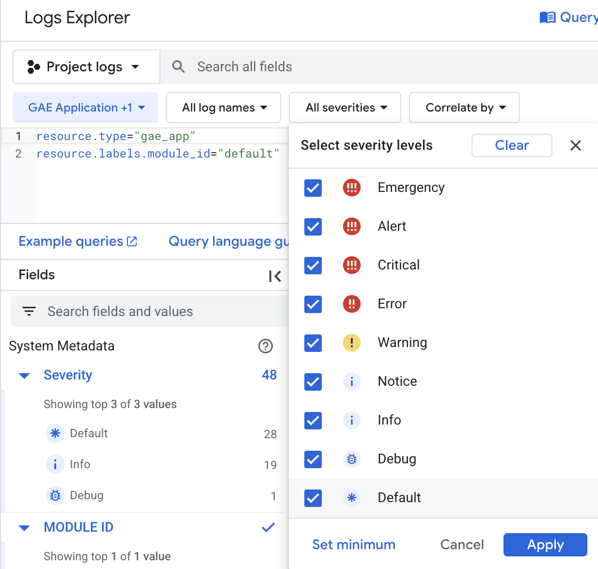 Select severity level dropdown menu