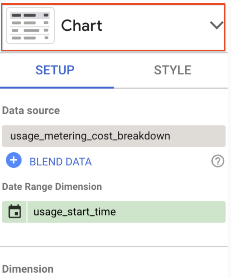 La categoría Table aparece destacada en la sección Chart del panel de configuración.