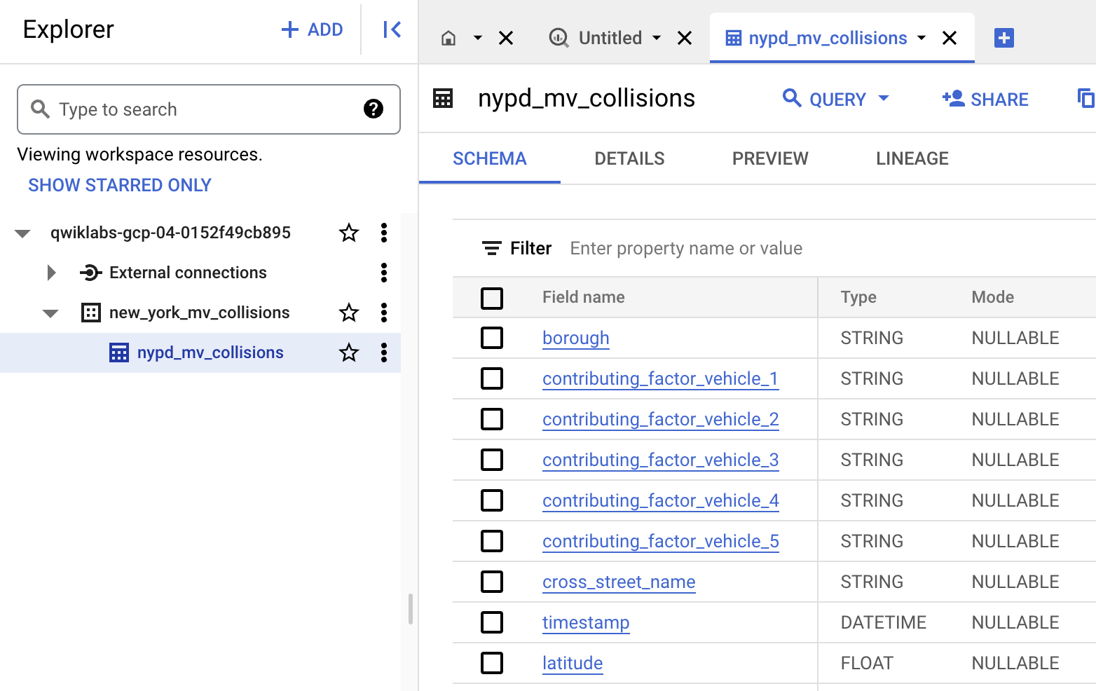 Schema and column tags tabbed page for the nypd_mv_collisions Data Catalog tag template