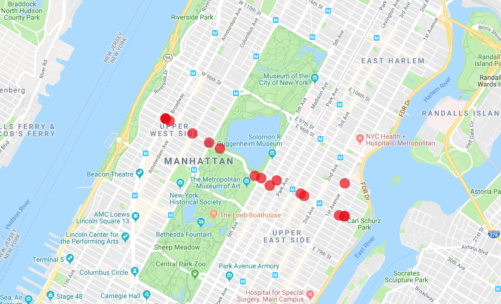 A map of Manhattan with several more plots.