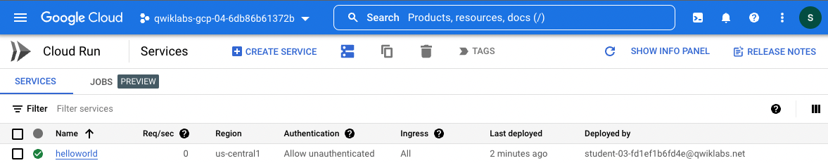 Cloud Run tab displaying the helloworld service