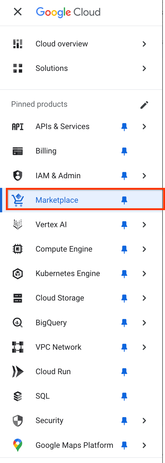 The Marketplace option highlighted within the Cloud Console.