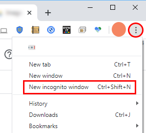 The expanded More menu displaying the highlighted New incognito window option