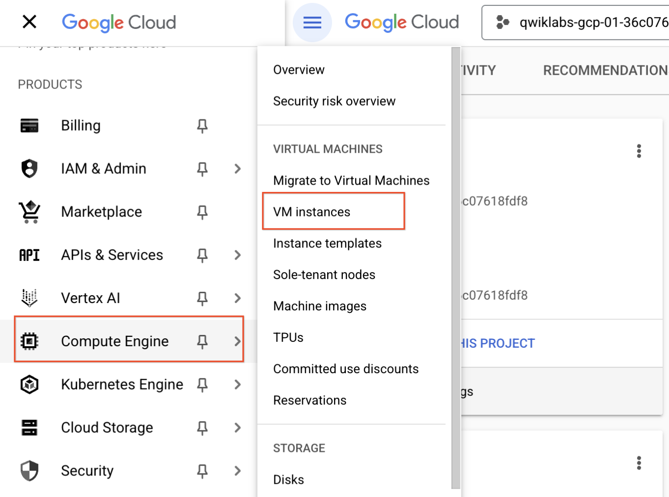 Expanded Navigation menu highlighting the Compute Engine submenu and VM instances option