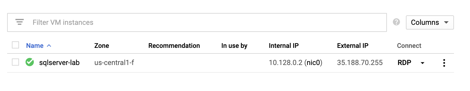 A green checkmark alongside the sqlserver-lab instance