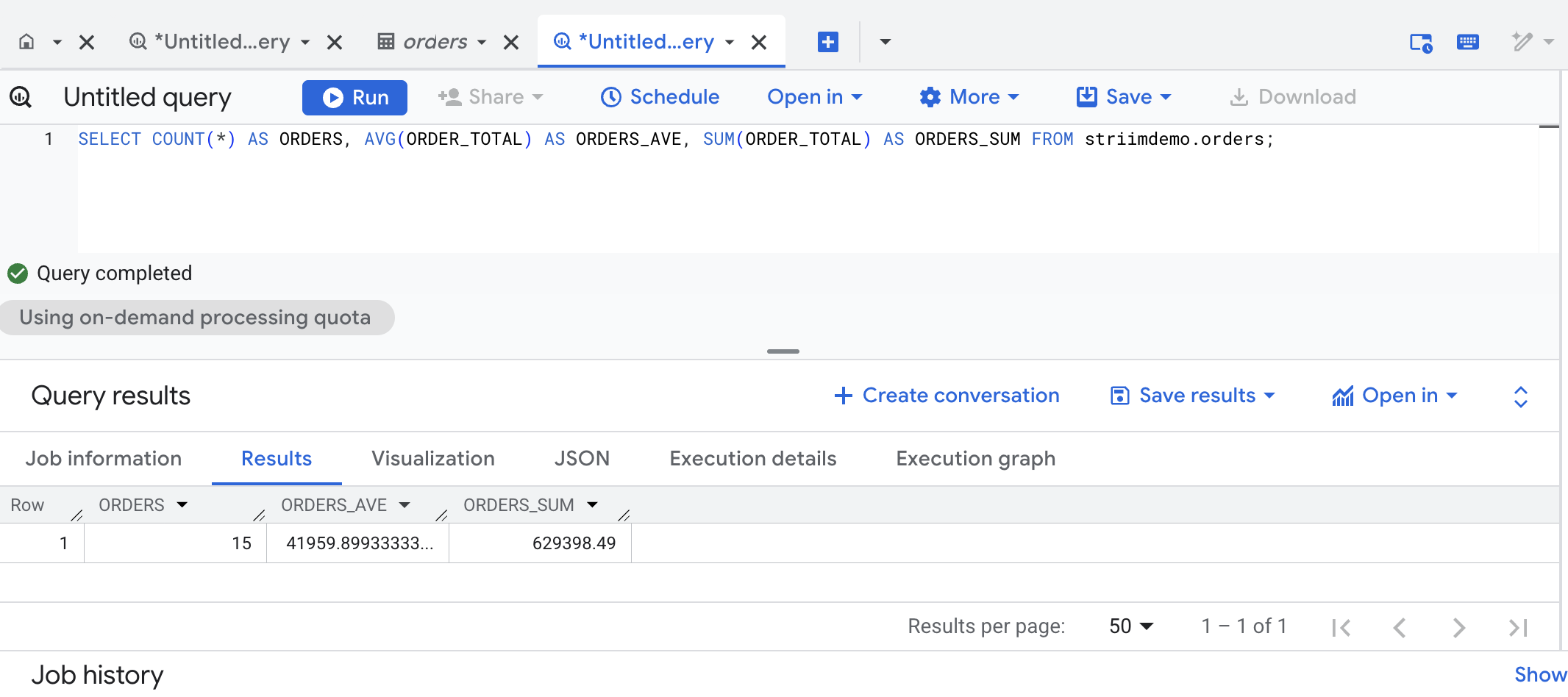 Query results tabbed page