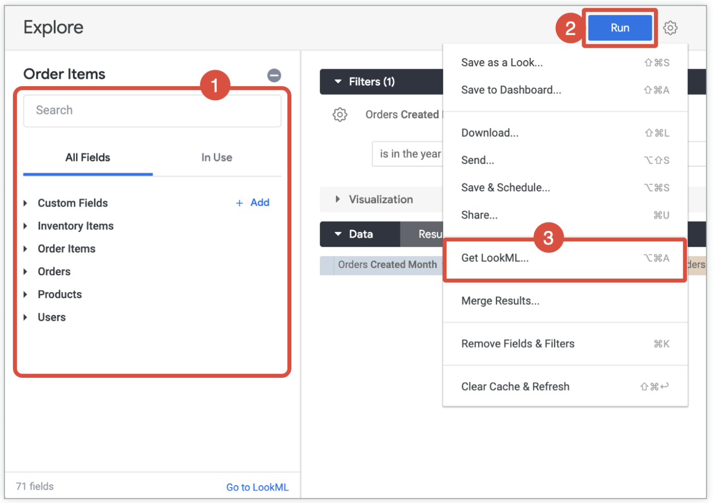 The process where you first order items, then click Run, and then select Get LookML