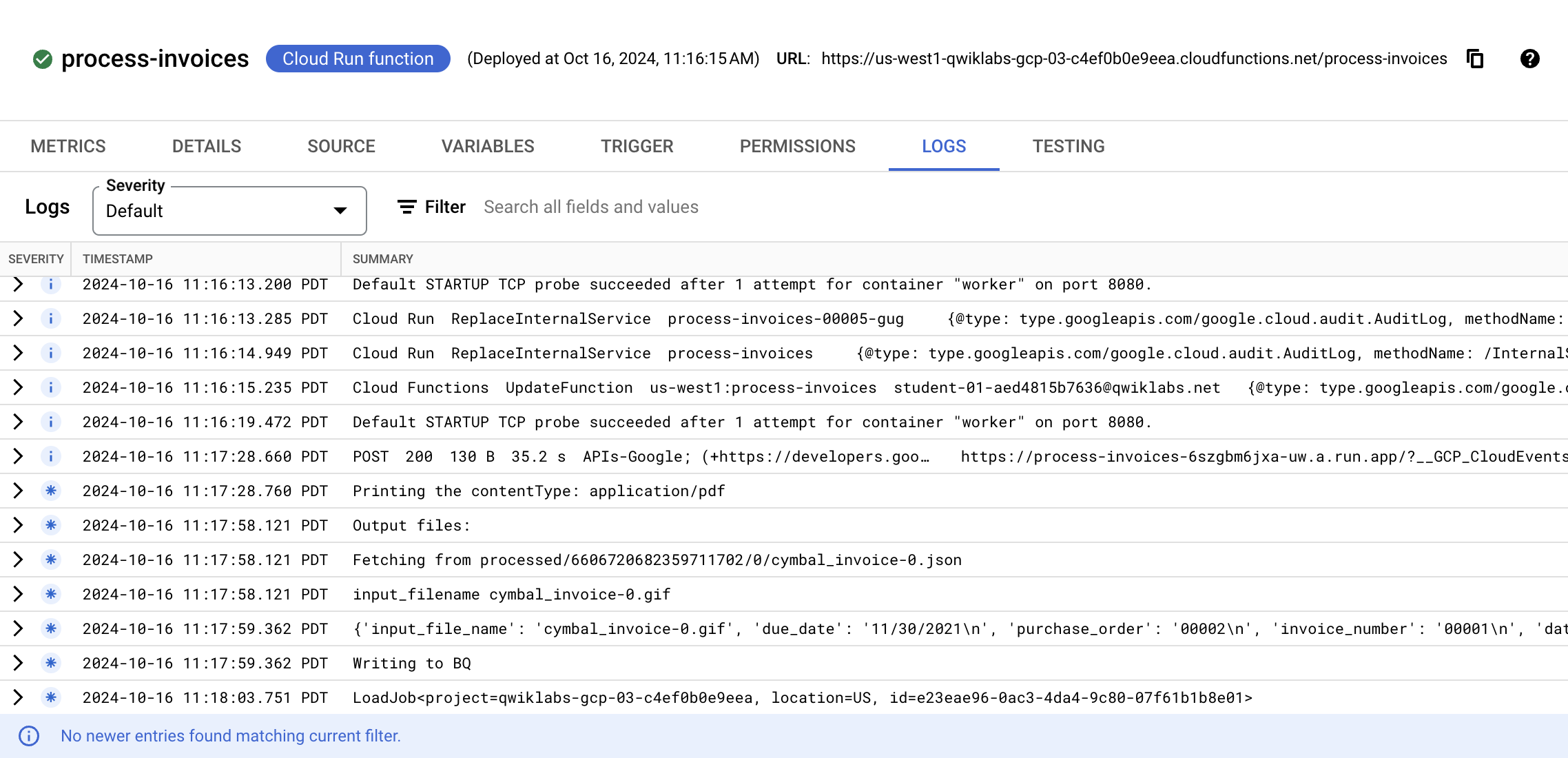 Document AI Cloud Run function Events in the Logs section of the Function details page