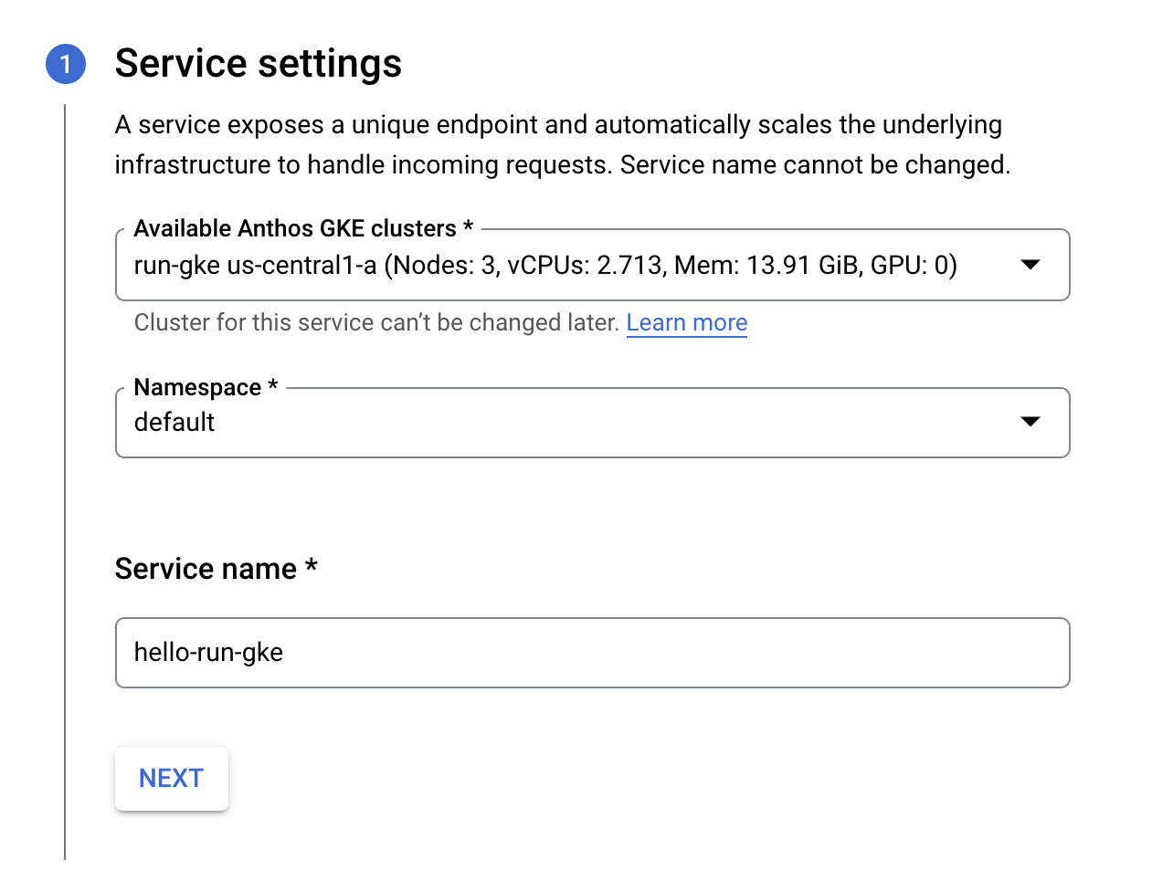 The Service settings page displaying the aforementioned settings