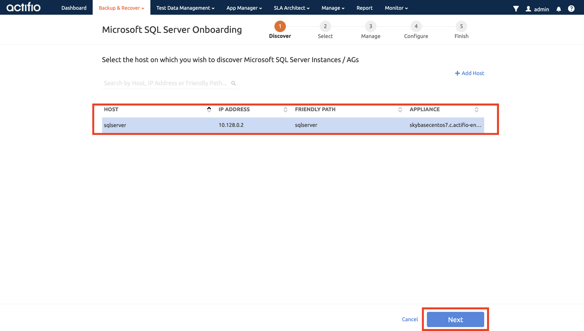 The highlighted Host sqlserver, along with its details such as IP Address, Friendly Path, and Appliance.