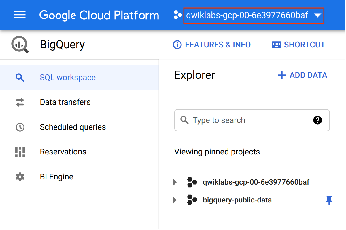 Google Cloud Skills Boost プロジェクト名が表示されたプロジェクト フィールド