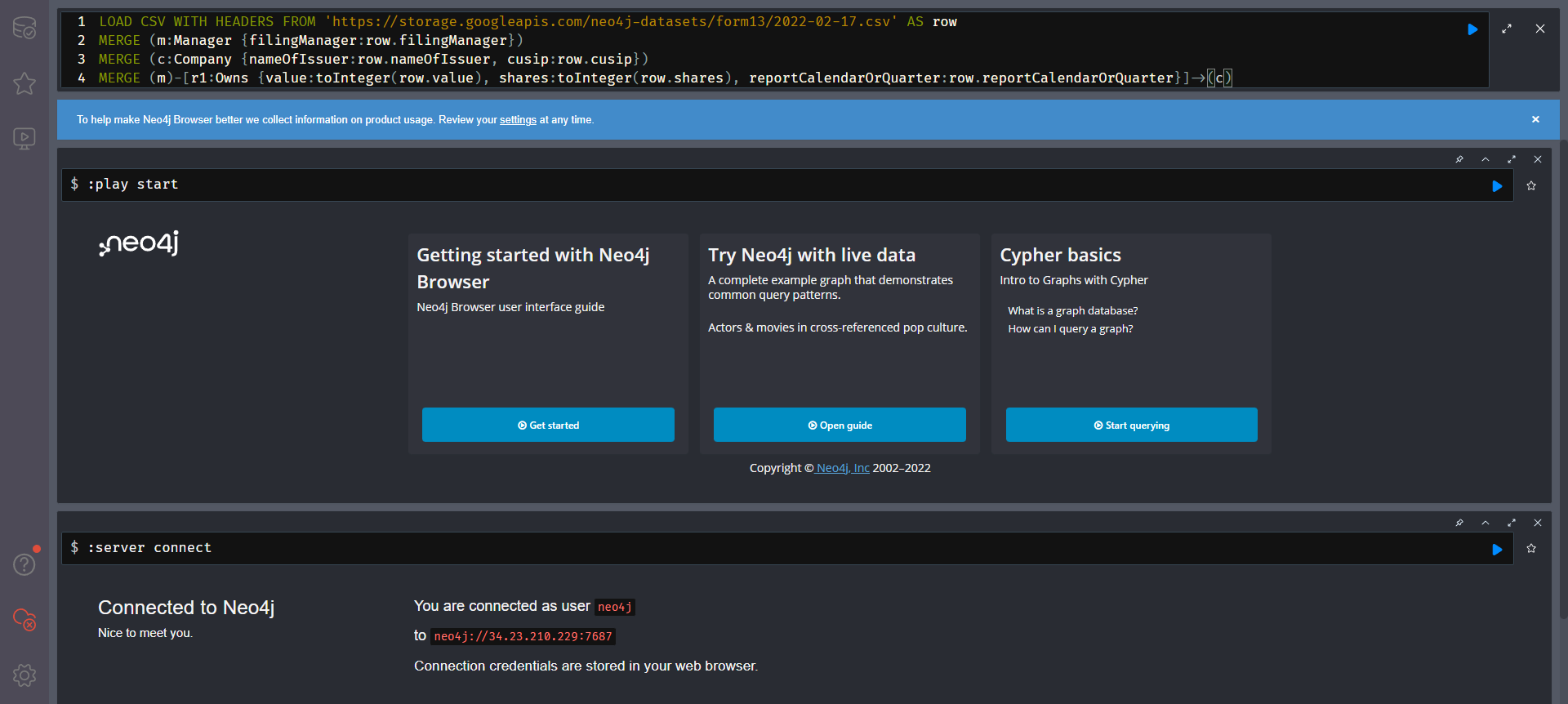 The CSV load, which includes the Load CSV with headers from command, and three lines indicating a merge.