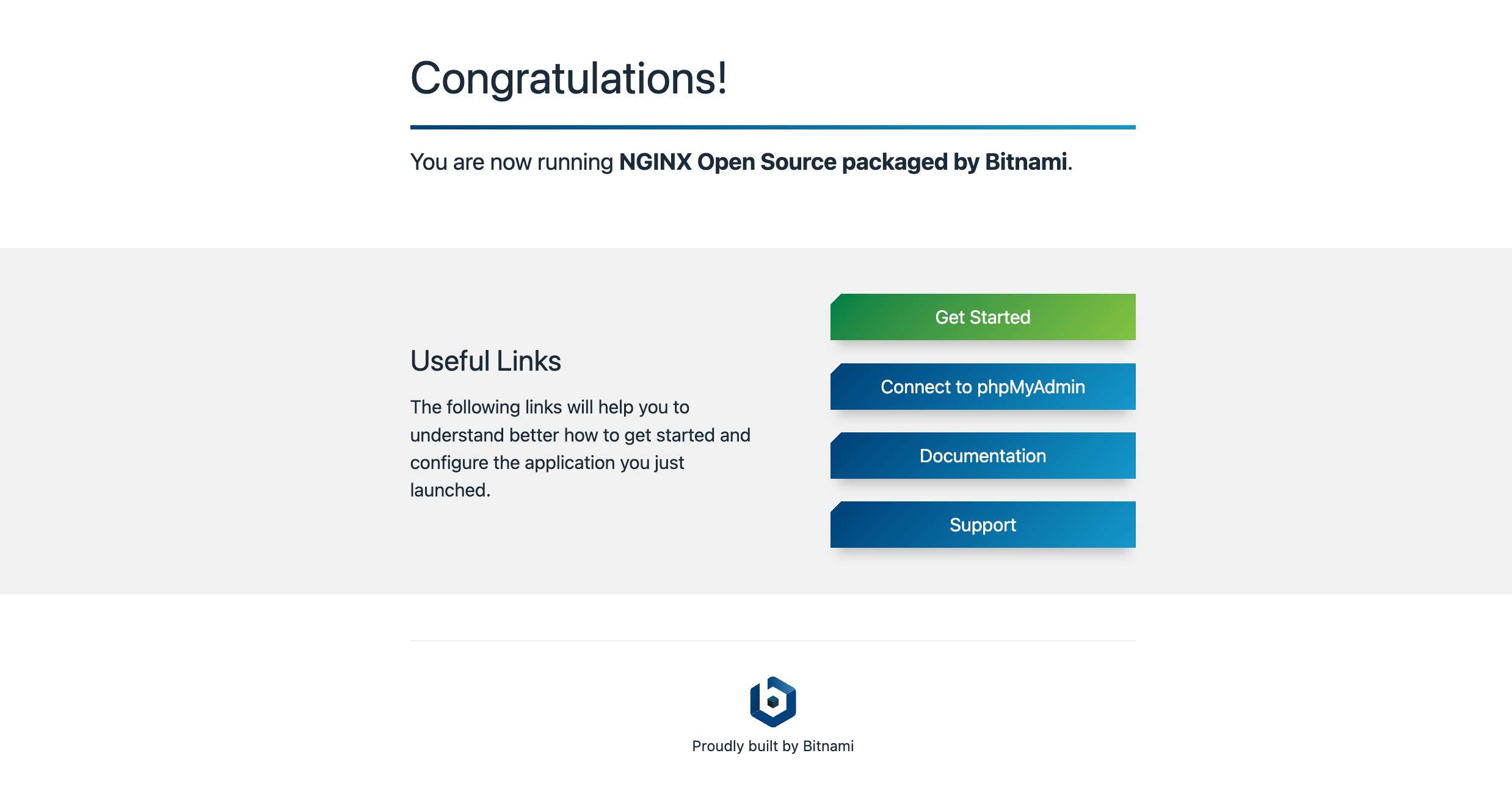 &#39;Bitnami Nginx 1.10.0-2가 실행 중입니다.&#39;라는 Cloud 알림과 함께 표시되는 &#39;축하합니다.&#39; 팝업 메시지