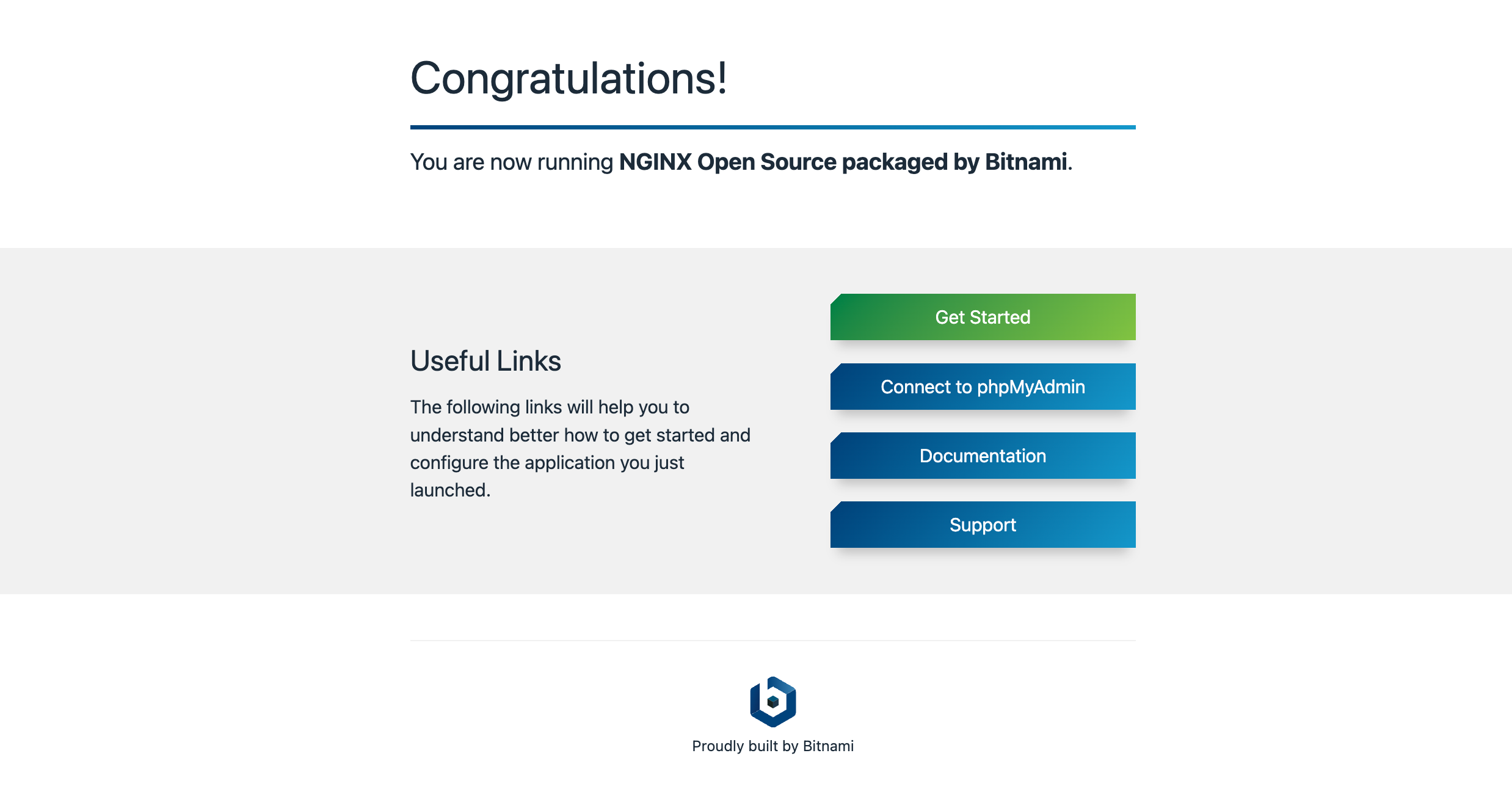 The Congratulations! pop-up, with the 'You are now running Bitnami Nginx 1.10.0-2 in the Cloud notification.