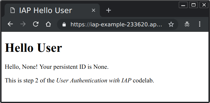 Page avec l&#39;onglet &quot;IAP Hello User&quot; (Bonjour Utilisateur dans IAP) sans informations utilisateur