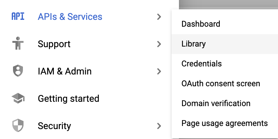 APIs & Services menu, which includes options such as Dashboard, Library, and Credentials.