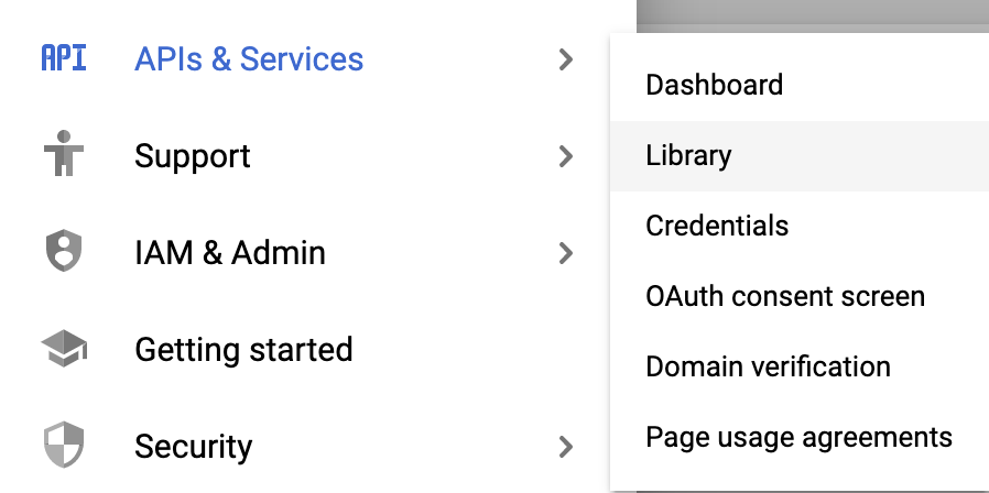 Menu &quot;API et services&quot;, qui propose des options telles que &quot;Tableau de bord&quot;, &quot;Bibliothèque&quot; et &quot;Identifiants&quot;