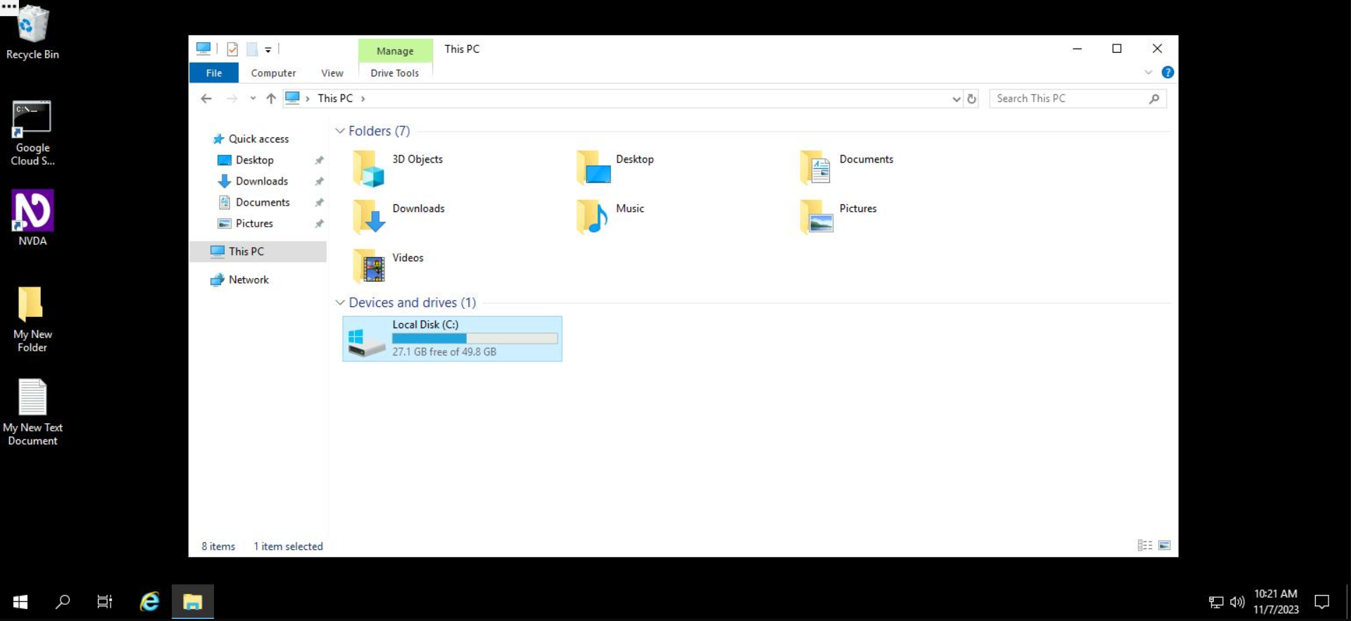 Screenshot of a Windows desktop, open to File Explorer. Within File Explorer, "This PC" is selected, and the cursor is selecting "Local Disk (C:)".