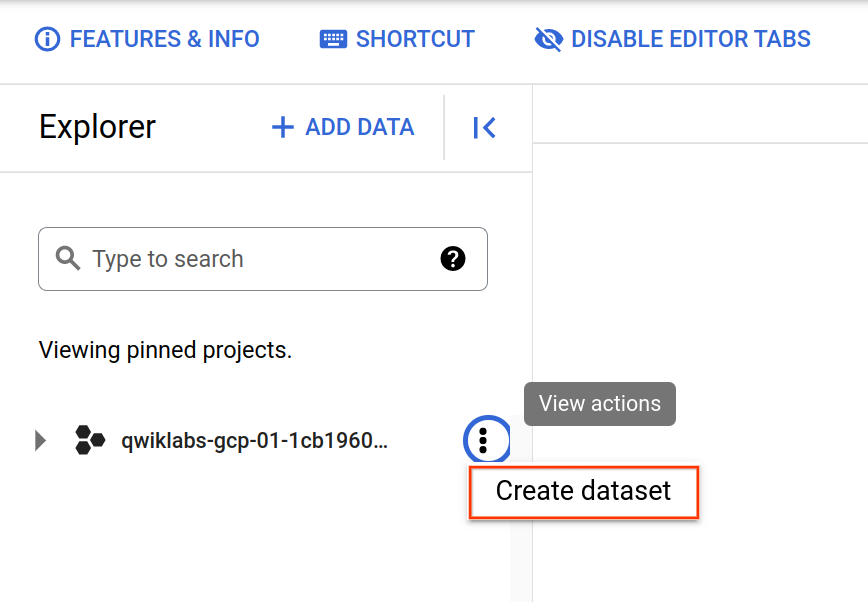 The option 'Create dataset' highlighted within the View actions menu.
