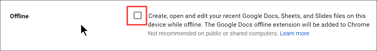 Seção &quot;off-line&quot; destacando a caixa de seleção para selecionar &quot;Criar, abrir e editar seus arquivos dos apps Documentos, Planilhas e Apresentações Google neste dispositivo enquanto você estiver off-line&quot;.